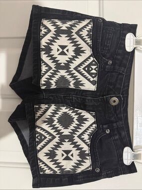 Black Denim Shorts with Aztec Front Patch Pockets